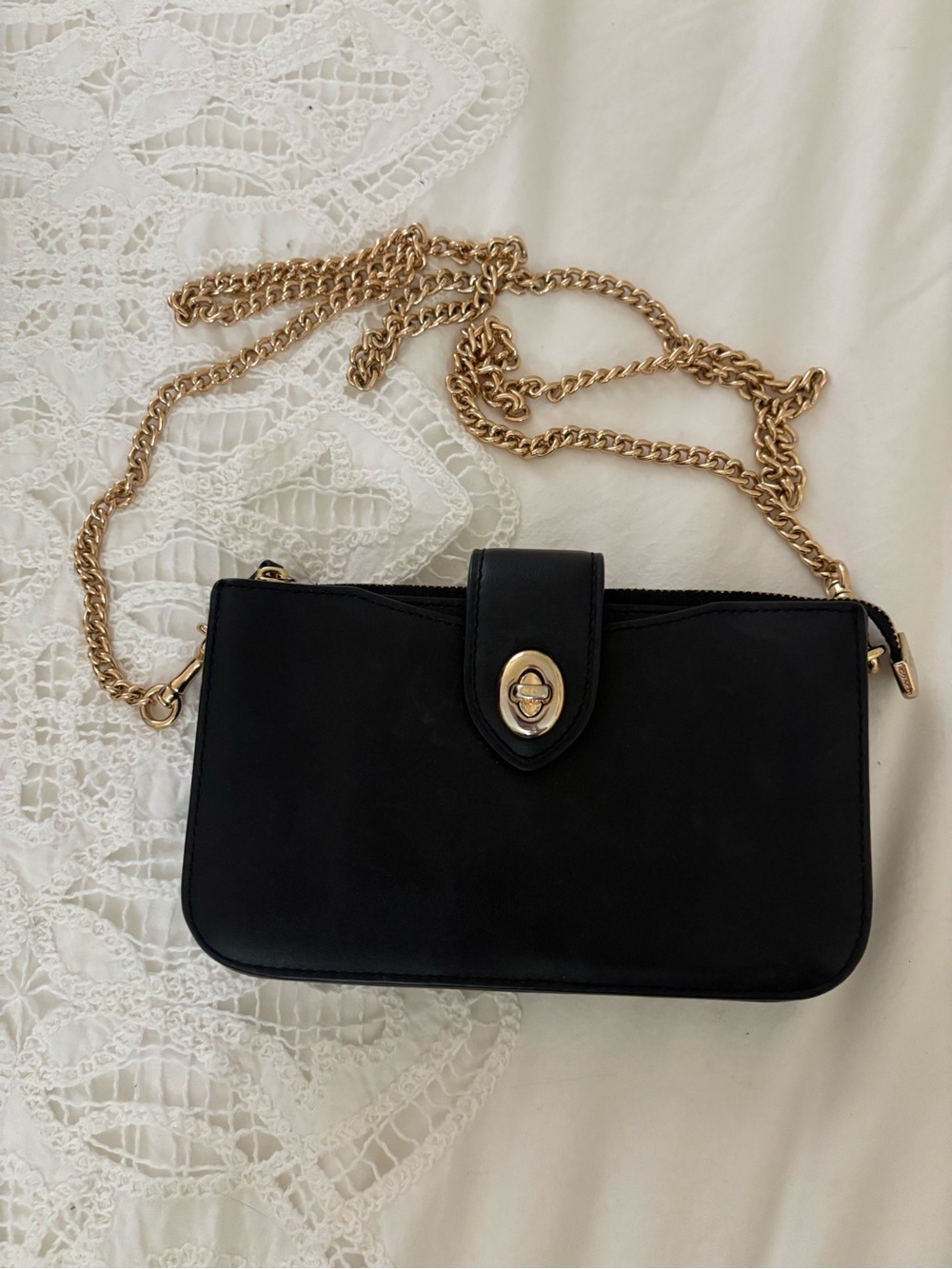 Coach Black Leather Crossbody with Gold Chain Strap